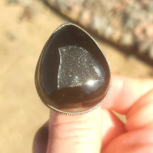 New Oversized Black Agate Druzy 925 Silver Ring. - Picture 11 of 16